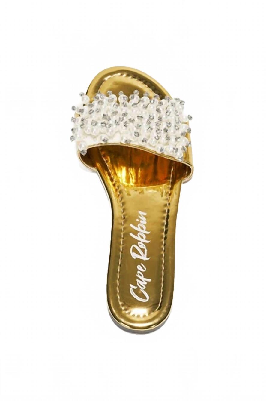 NEW CAPE ROBBIN women's fara pearl studded flat sandal in gold - Picture 5 of 6